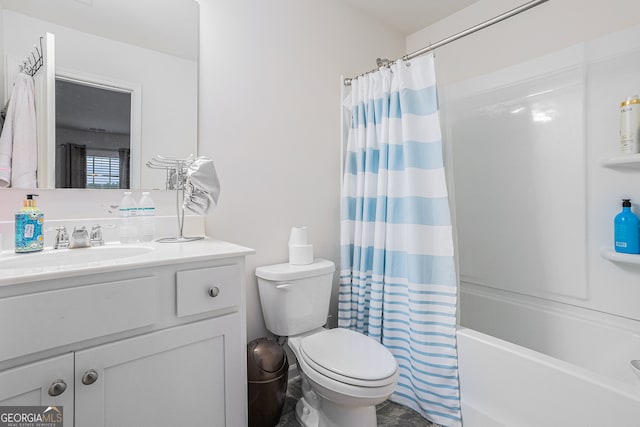 full bathroom with vanity, toilet, and shower / tub combo with curtain