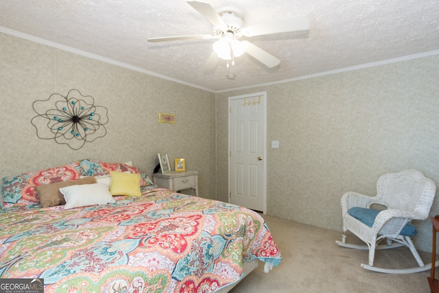 bedroom featuring crown molding, light carpet, a textured ceiling, and ceiling fan