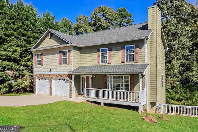 view of front of home with a front yard, a porch, and a garage