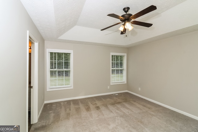 carpeted empty room featuring a textured ceiling, a wealth of natural light, a raised ceiling, and ceiling fan