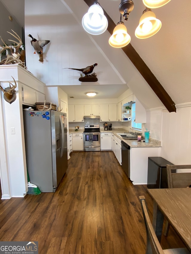 kitchen with appliances with stainless steel finishes, sink, dark hardwood / wood-style flooring, white cabinets, and light stone counters