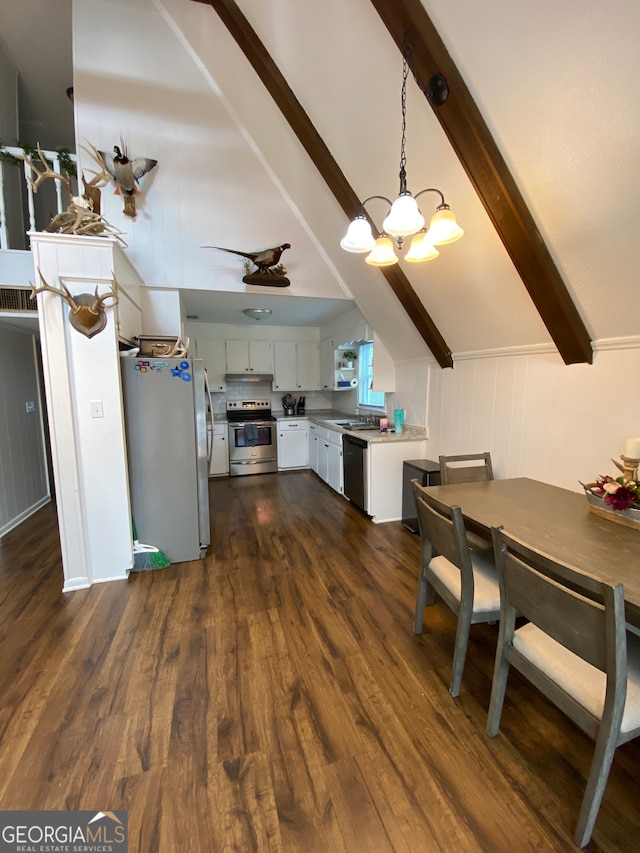 kitchen featuring vaulted ceiling with beams, dark hardwood / wood-style flooring, stainless steel appliances, white cabinets, and a chandelier