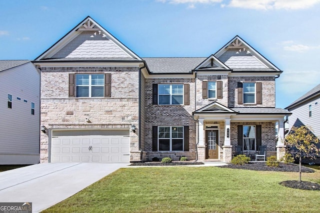 craftsman-style home with a front yard, a garage, and a porch