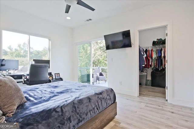 bedroom with light hardwood / wood-style flooring, a closet, a walk in closet, and ceiling fan