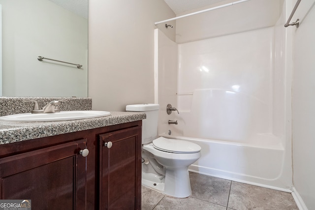 full bathroom featuring vanity, a textured ceiling, toilet, and shower / bathtub combination