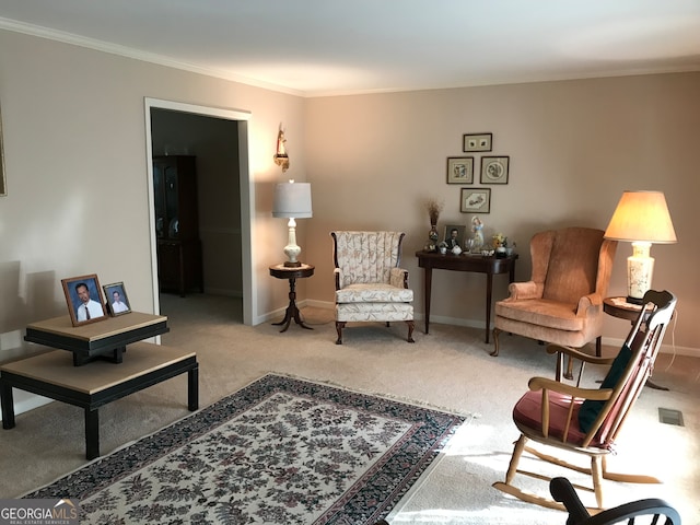 living room featuring ornamental molding and carpet