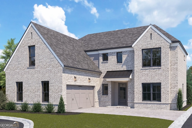 view of front of home with roof with shingles, a front yard, and brick siding