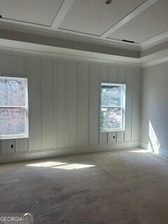 empty room with ornamental molding and a raised ceiling