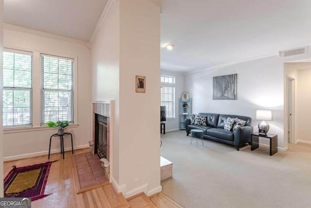 living room featuring ornamental molding, a wealth of natural light, and carpet floors