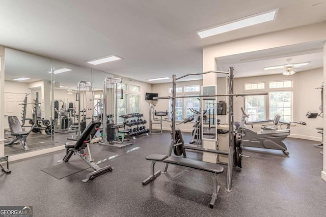 exercise room featuring ceiling fan