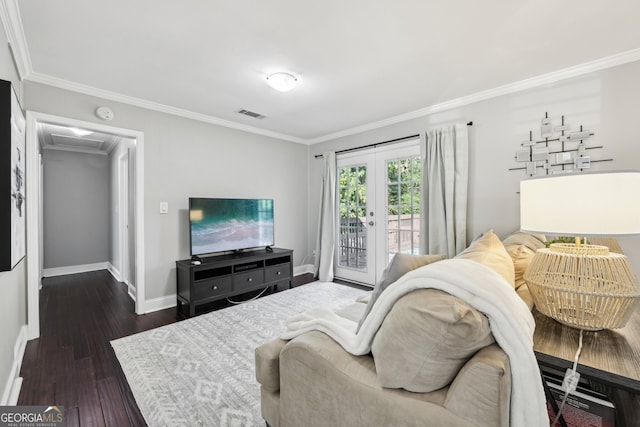 living room featuring french doors, ornamental molding, and dark wood-type flooring