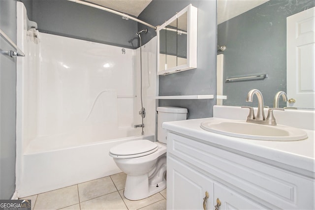 full bathroom with tile patterned floors, vanity, a textured ceiling, shower / washtub combination, and toilet