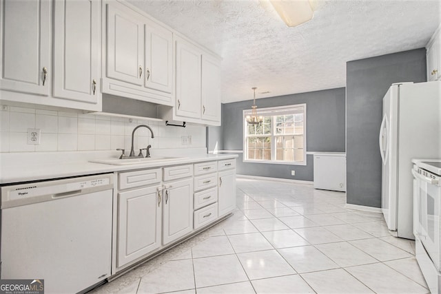 kitchen featuring a textured ceiling, decorative light fixtures, decorative backsplash, white cabinets, and white appliances