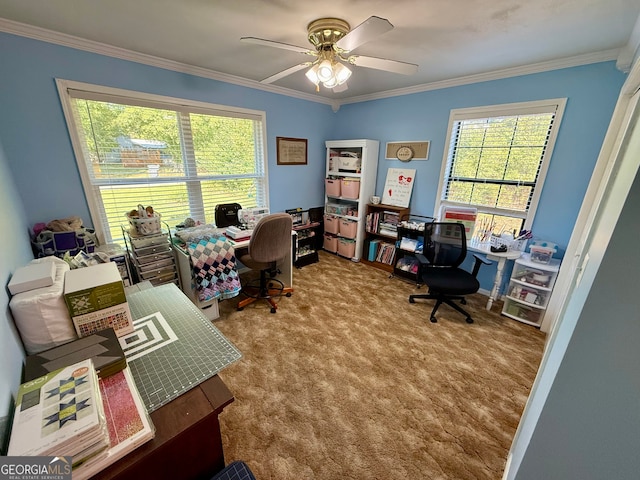 office area with crown molding, carpet floors, and ceiling fan