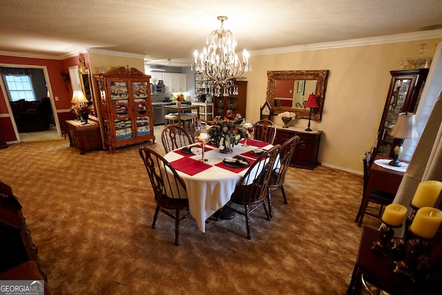 carpeted dining area featuring ornamental molding, a textured ceiling, and an inviting chandelier