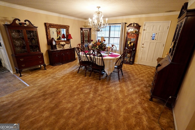 dining area featuring a textured ceiling, carpet, ornamental molding, and an inviting chandelier