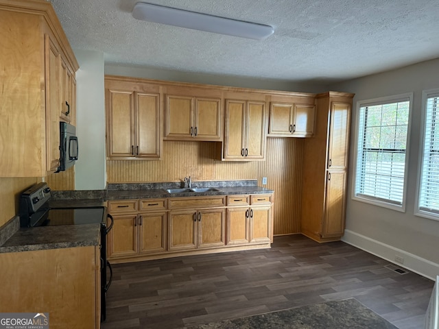 kitchen with dark hardwood / wood-style floors, black appliances, sink, and a textured ceiling