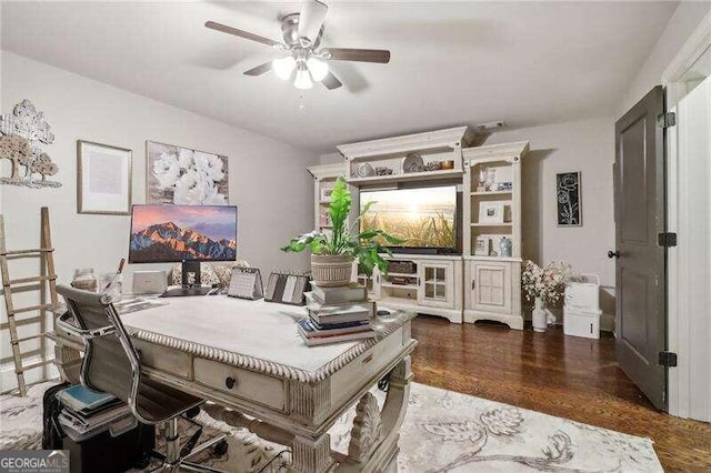 office area featuring ceiling fan and dark hardwood / wood-style flooring