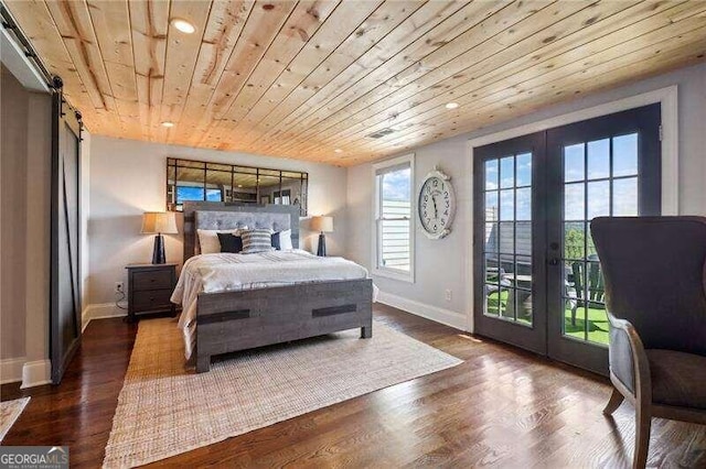 bedroom with french doors, a barn door, dark hardwood / wood-style floors, and wooden ceiling