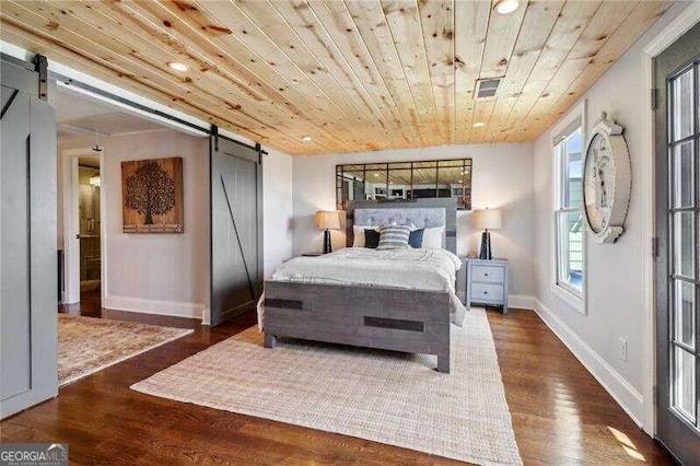 bedroom featuring dark hardwood / wood-style floors, a barn door, and wooden ceiling