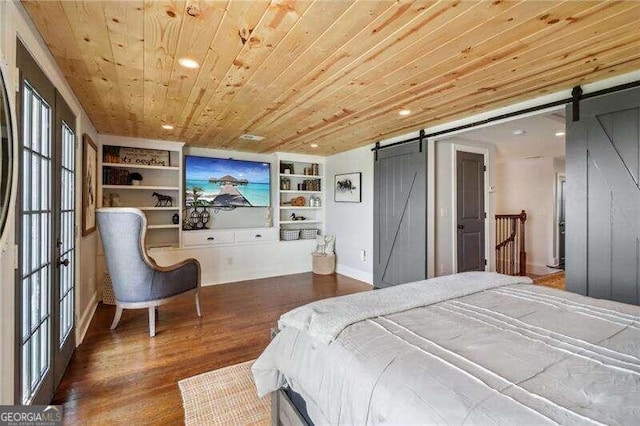 bedroom featuring a barn door, dark wood-type flooring, and wood ceiling