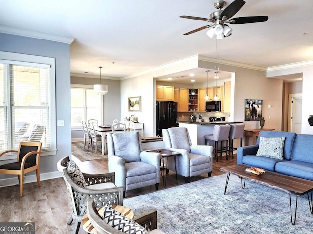 living room featuring ornamental molding, ceiling fan, light wood-style flooring, and baseboards