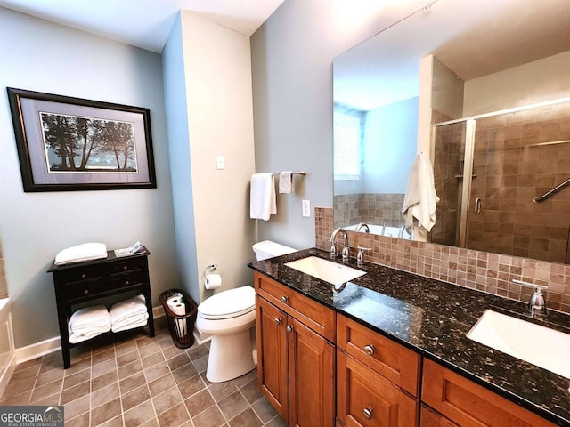 full bathroom featuring decorative backsplash, independent shower and bath, toilet, vanity, and tile patterned floors