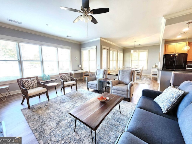 living room with light wood-type flooring, ornamental molding, plenty of natural light, and ceiling fan