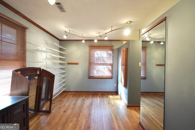 interior space featuring light wood-type flooring, crown molding, and a wealth of natural light