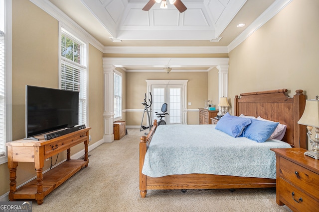 bedroom featuring ceiling fan, ornamental molding, and multiple windows