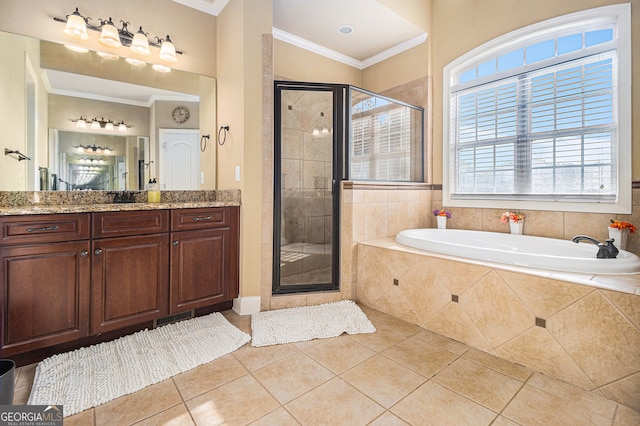 bathroom with vanity, shower with separate bathtub, ornamental molding, and tile patterned flooring