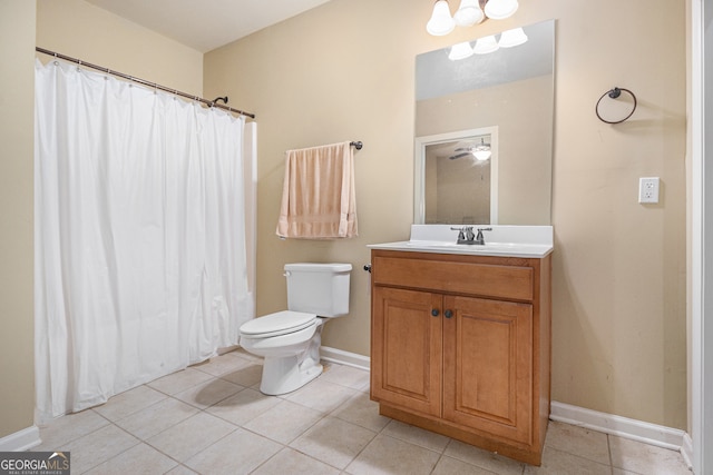 bathroom with toilet, tile patterned flooring, a shower with curtain, vanity, and ceiling fan