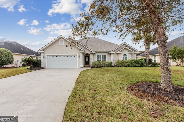 single story home with a front yard and a garage