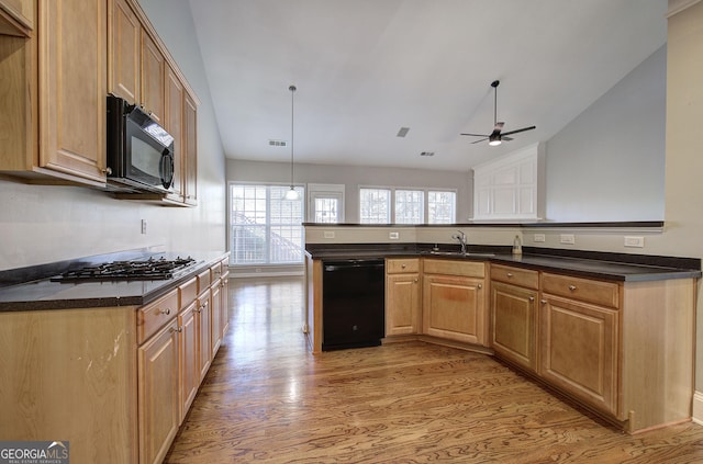 kitchen featuring lofted ceiling, black appliances, hanging light fixtures, light hardwood / wood-style flooring, and ceiling fan