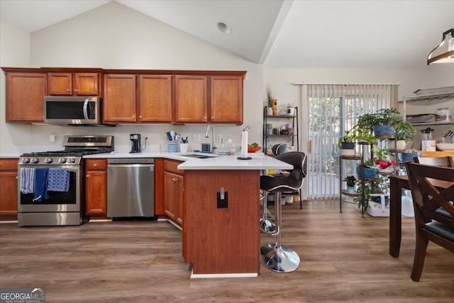 kitchen with sink, appliances with stainless steel finishes, a breakfast bar area, and dark hardwood / wood-style floors