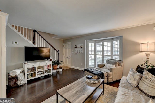 living room featuring crown molding and dark wood-type flooring