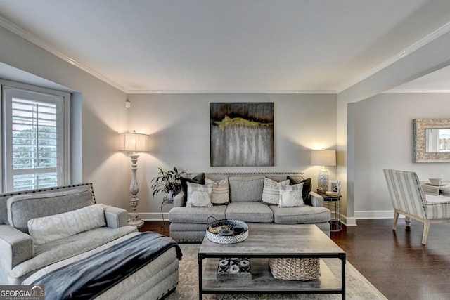 living room with ornamental molding and dark hardwood / wood-style flooring