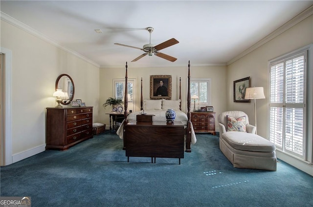 interior space with ornamental molding, ceiling fan, and dark colored carpet