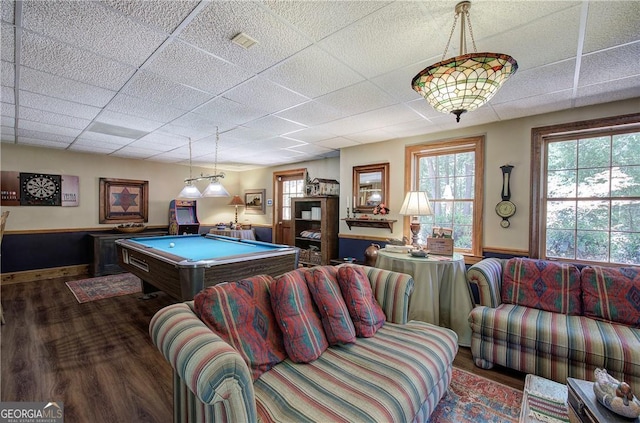 playroom featuring a drop ceiling, dark hardwood / wood-style floors, and billiards