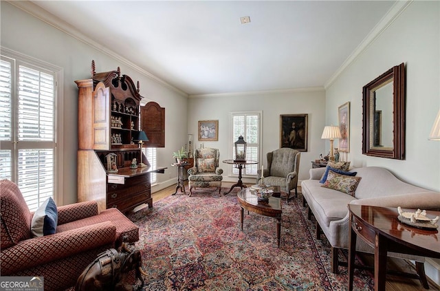 living room featuring ornamental molding and hardwood / wood-style floors