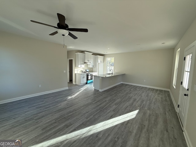 unfurnished living room featuring dark wood-type flooring, ceiling fan, and sink