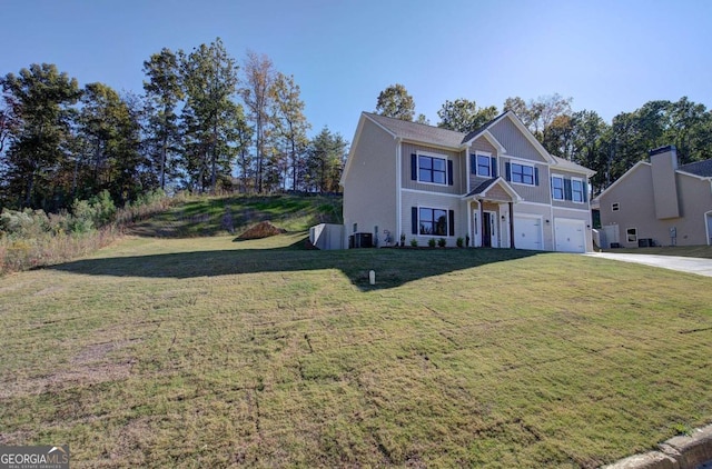 view of front facade featuring cooling unit, a front lawn, and a garage