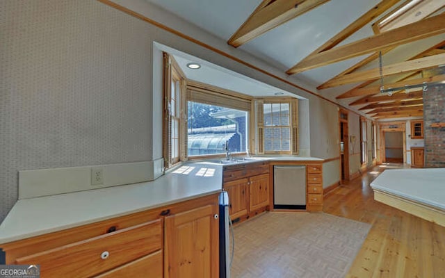 kitchen featuring light hardwood / wood-style flooring, stainless steel dishwasher, sink, and vaulted ceiling