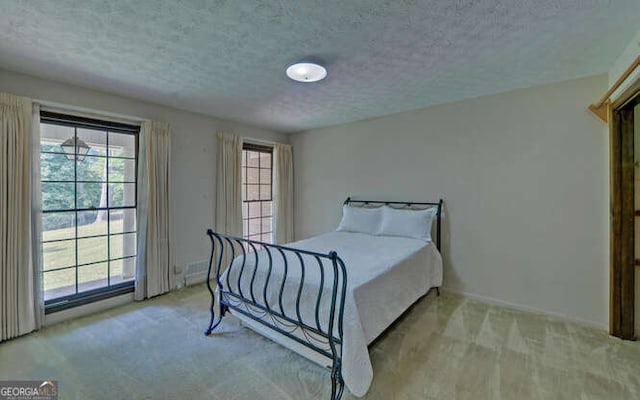 bedroom with a textured ceiling, light carpet, and multiple windows