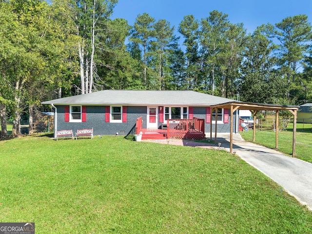 single story home with a front yard and a carport