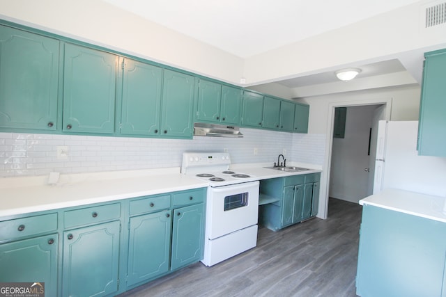 kitchen with dark hardwood / wood-style floors, sink, backsplash, and white appliances