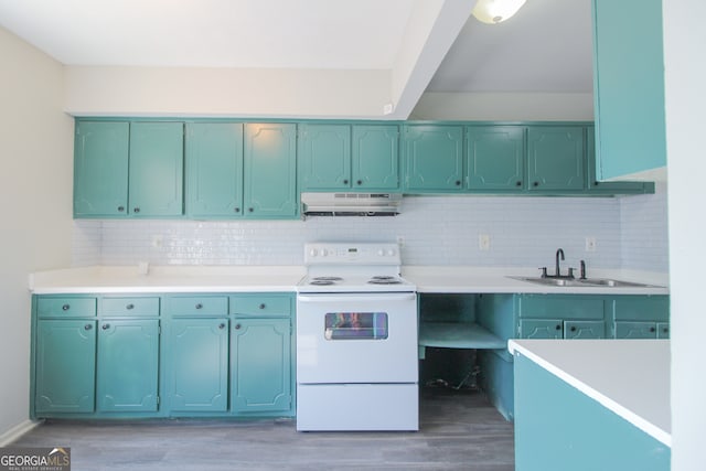 kitchen with decorative backsplash, white electric stove, sink, and wood-type flooring