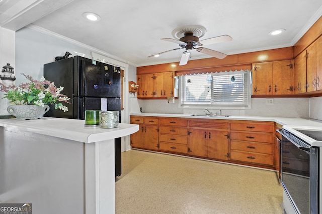 kitchen featuring tasteful backsplash, black appliances, sink, ceiling fan, and ornamental molding