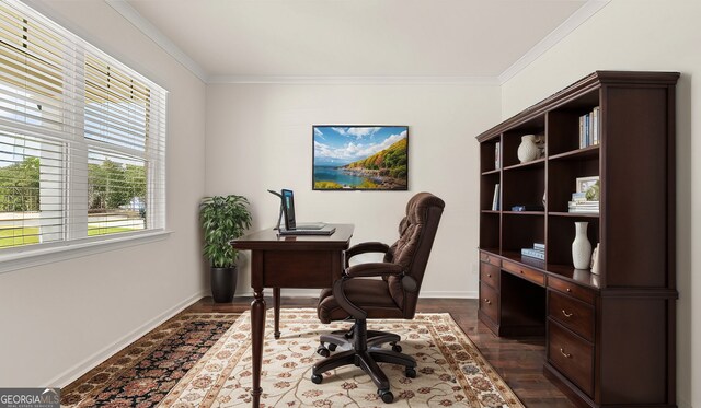 office space with dark hardwood / wood-style floors and crown molding
