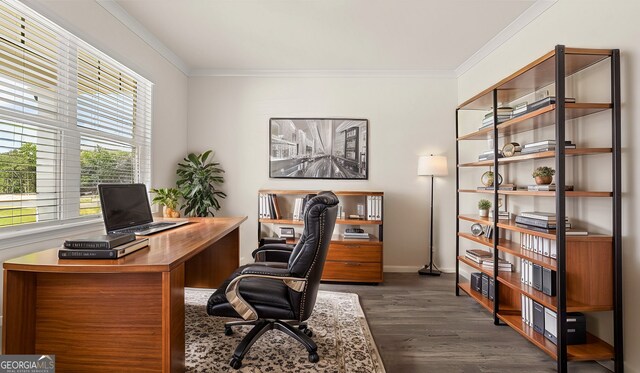 home office with dark hardwood / wood-style floors and ornamental molding